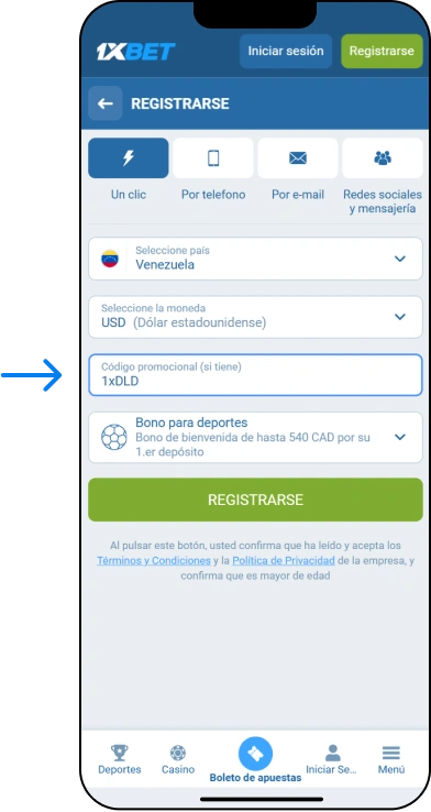 Registro paso a paso (sitio web o app) - App 1xbet Venezuela